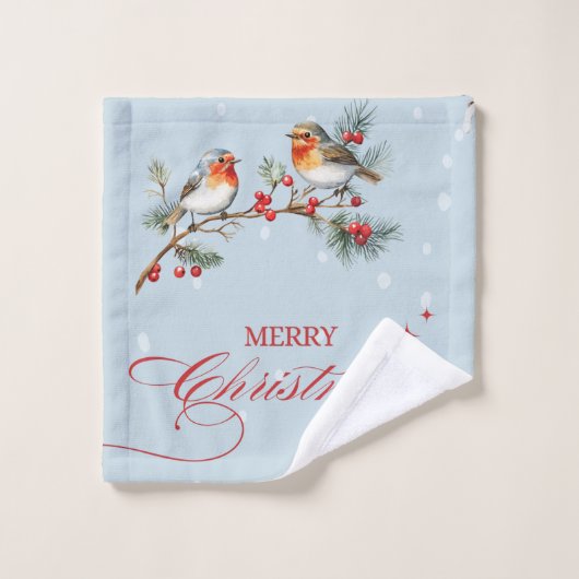 Robin Birds Tree Branchs Merry Christmas Blue Bad Handdoek (Wasdoekje)