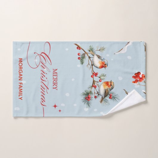 Robin Birds Tree Branchs Merry Christmas Blue Bad Handdoek (Handdoek)