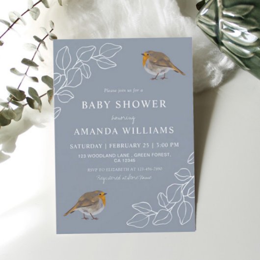 Robin Botanical Dusty Blue Baby shower Kaart