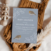 Robin Botanical Dusty Blue Baby shower Kaart