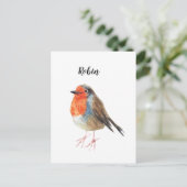 Robin cadeaubon waterverf geschilderde vogel. aankondigingskaart (Staand voorkant)