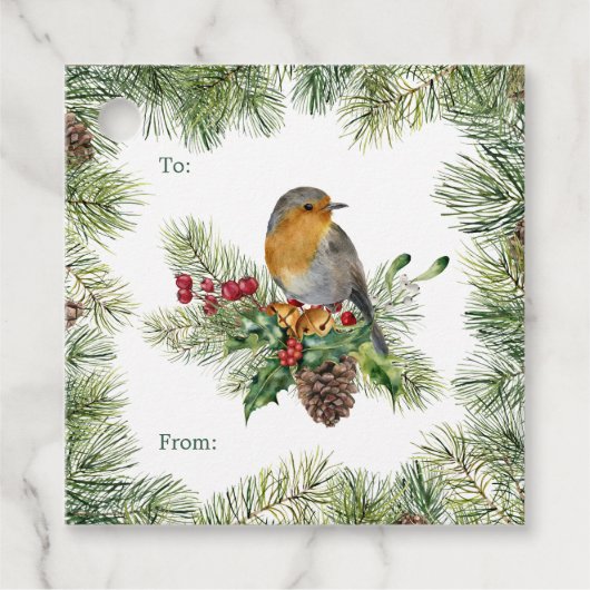 Robin, dennen, snoepsnoeren, poinsettia Kerstmis Bedankjes Labels (Voorkant)