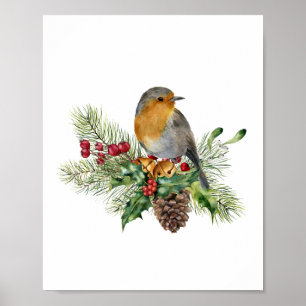 Robin, dennen, snoepsnoeren, poinsettia Kerstmis Poster