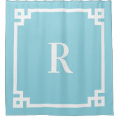 Robin Egg Blauw en Wit Grieks Key Eenvoudig Monogr Douchegordijn (Voorkant)