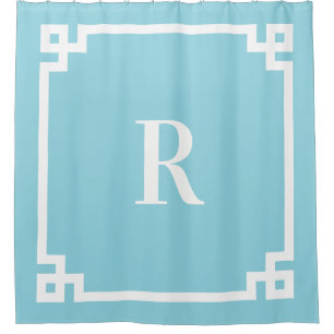 Robin Egg Blauw en Wit Grieks Key Eenvoudig Monogr Douchegordijn