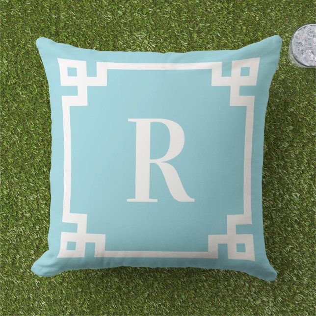 Robin Egg Blauw en Witte Griekse Sleutelrand Monog Buitenkussen (Gras)