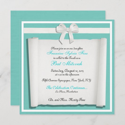 Robin Egg Blue Bat Mitzvah-uitnodigingen Kaart (Voorkant / Achterkant)