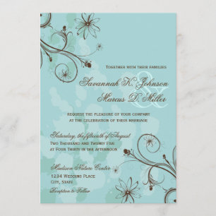 Robin Egg Blue Brown Floral Wedding Invitations Kaart