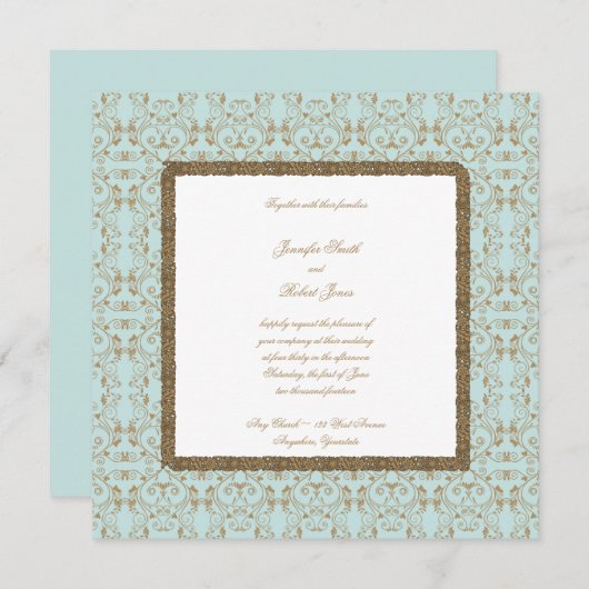 Robin Egg Blue en Gold Damask Wedding Invitations Kaart (Voorkant / Achterkant)
