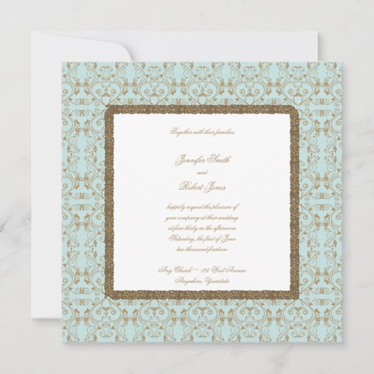 Robin Egg Blue en Gold Damask Wedding Invitations Kaart (Voorkant)