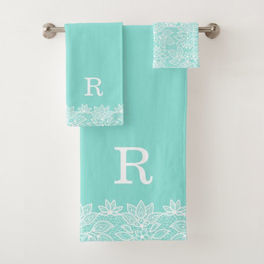 Robin Egg Blue en Lace Monogrammed Bath Towel Set Bad Handdoek (Insitu)