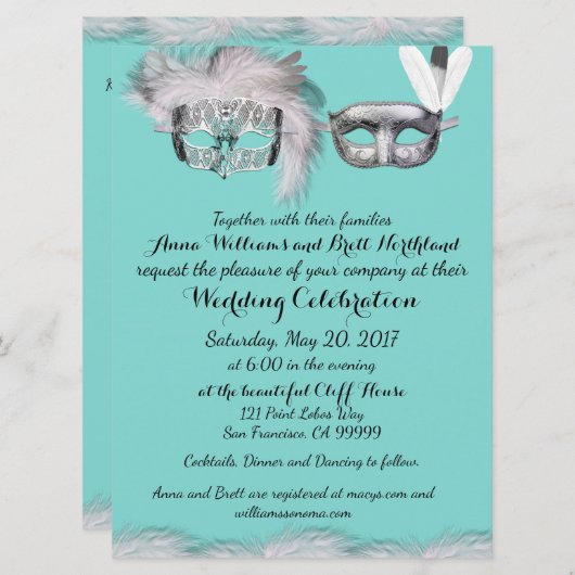 Robin Egg Blue en White Masquerade Wedding Kaart (Voorkant / Achterkant)
