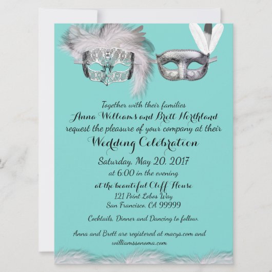 Robin Egg Blue en White Masquerade Wedding Kaart (Voorkant)