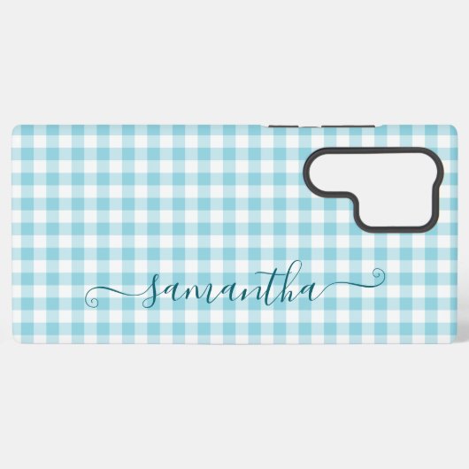 Robin Egg Blue Gingham Girly Signature Samsung Galaxy Hoesje (Achterkant horizontaal)