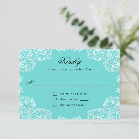 Robin Egg Blue Lace Lijst Gray Wedding RSVP (Staand voorkant)
