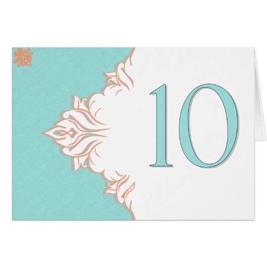 Robin Egg Blue Oranje Damask Table Number kaart 10 (Voorkant Horizontaal)