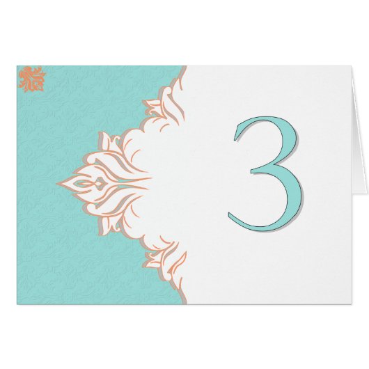 Robin Egg Blue Oranje Damask Table Number kaart 3 (Voorkant Horizontaal)