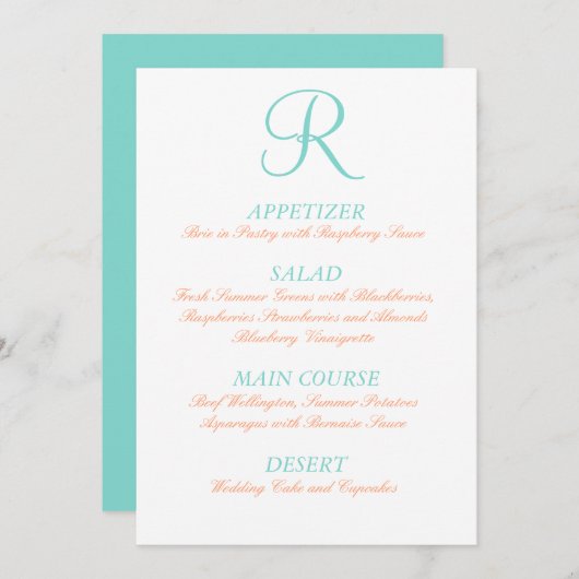 Robin Egg Blue Oranje Wedding Menu Simple Initiaal (Voorkant / Achterkant)