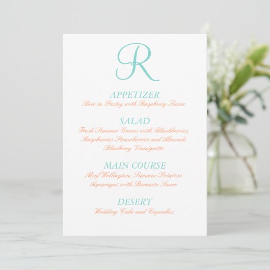 Robin Egg Blue Oranje Wedding Menu Simple Initiaal (Staand voorkant)