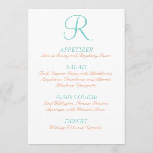 Robin Egg Blue Oranje Wedding Menu Simple Initiaal (Voorkant)
