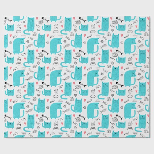 Robin Egg Blue Schattige kattenpatroon Cadeaupapier (Vlak)