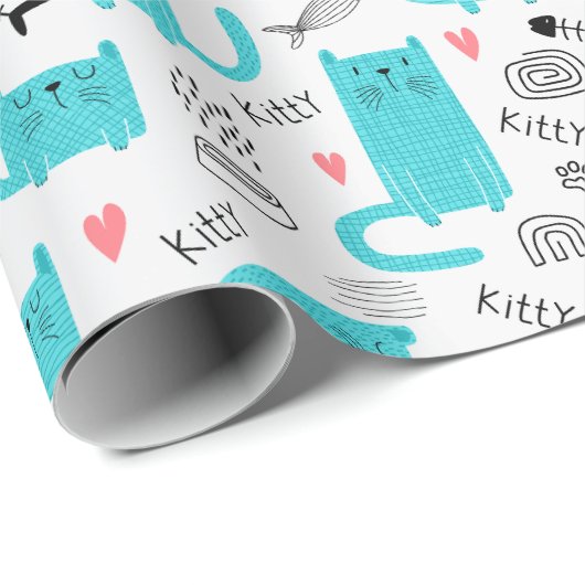Robin Egg Blue Schattige kattenpatroon Cadeaupapier (Rol Hoek)