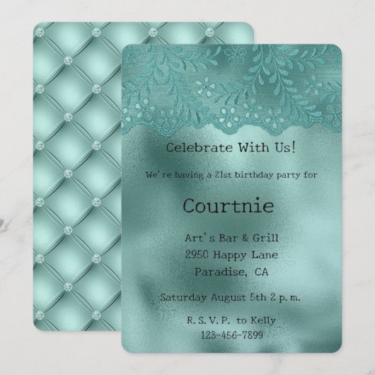 Robin Egg Green Lace en Diamonds Verjaardag Kaart (Voorkant / Achterkant)