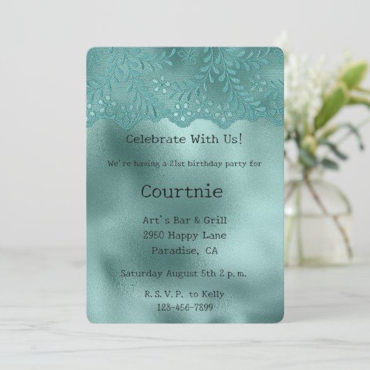 Robin Egg Green Lace en Diamonds Verjaardag Kaart (Staand voorkant)