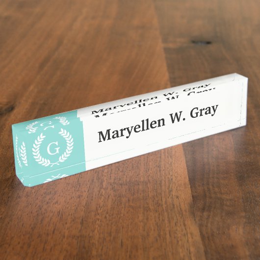 Robin Egg Wht Wheat Laurel Wreath Initiaal Monogra Naambordje (Zijkant)
