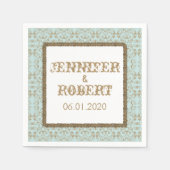 Robin Ei Blauw en Goud Damast Bruiloft Servetten (Voorkant)