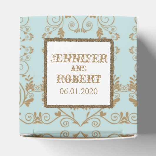 Robin Ei Blauw en Gouden Damast Bruiloft Bedankdoosjes (Bovenkant)