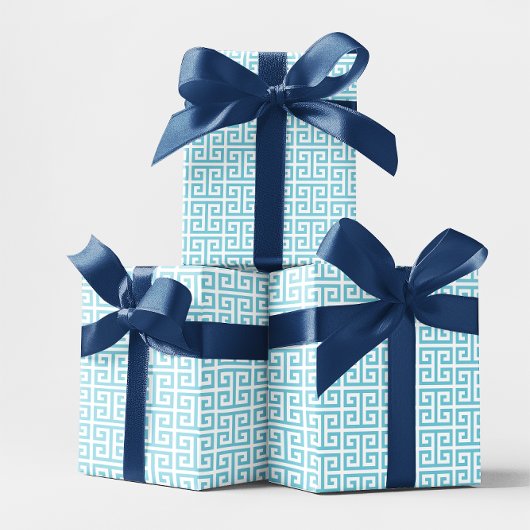 Robin Ei Blauw en Wit Grieks Sleutel Patroon Cadeaupapier