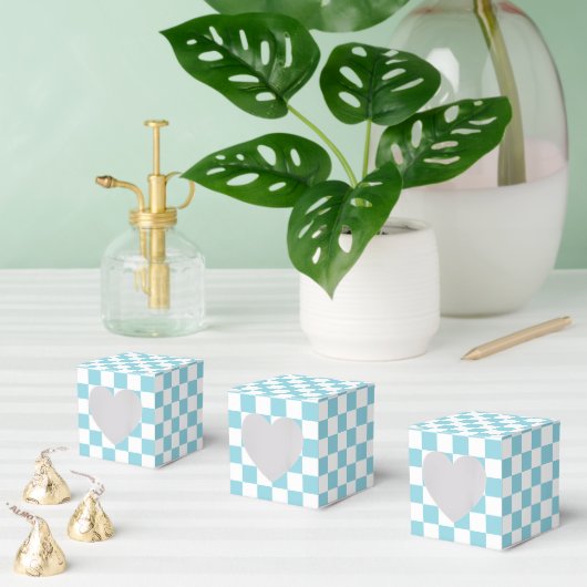 Robin Ei Blauw met Wit Vierkant Patroon Hart Bedankdoosjes (Meervoudige)