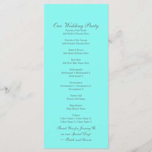 robin ' eicelblauwe turquoise aqua blue bruiloft programmakaart (Achterkant)