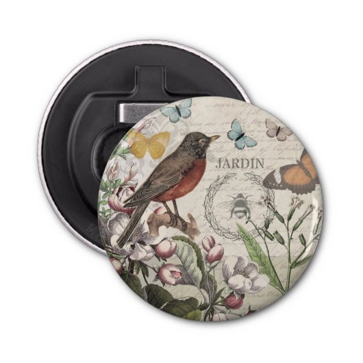Robin Elegant Vogelvlinder Franse kunst Button Flesopener (Voorkant)