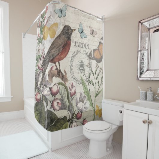 Robin Elegant Vogelvlinder Franse kunst Douchegordijn (In situ)