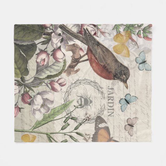 Robin Elegant Vogelvlinder Franse kunst Fleece Deken (Voorkant (Horizontaal))