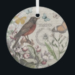 Robin Elegant Vogelvlinder Franse kunst Glas Ornament<br><div class="desc">Deze mooie vogel- en vlindercollage is gebaseerd op restjes van Victoriaans tijdperk kunstwerk,  in een chic ontwerp met bloemetjes,  een vogelkooi en antiek schrift in combinatie met een zachte achtergrond.</div>