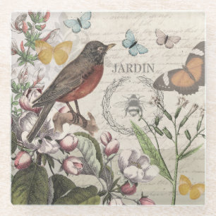 Robin Elegant Vogelvlinder Franse kunst Glazen Onderzetter