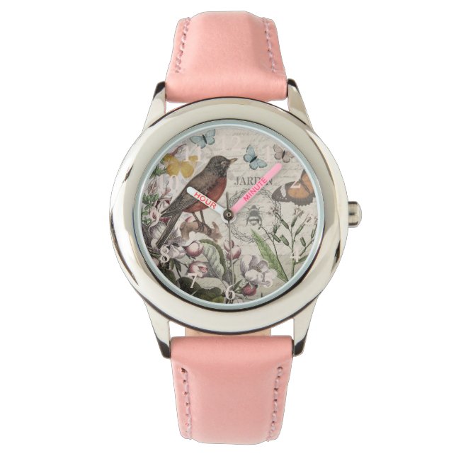 Robin Elegant Vogelvlinder Franse kunst Horloge (Voorkant)