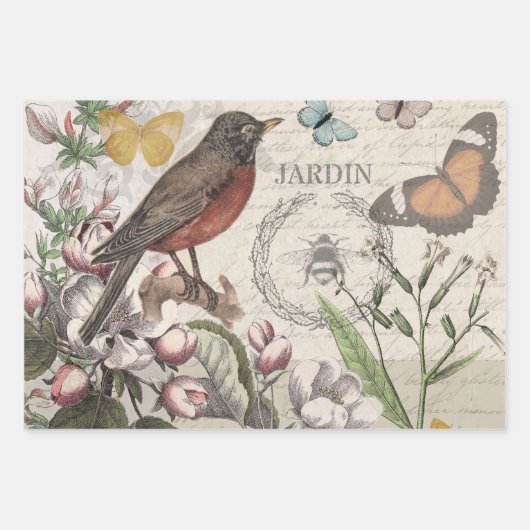 Robin Elegant Vogelvlinder Franse kunst Inpakpapier Vel (Voorkant)