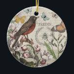 Robin Elegant Vogelvlinder Franse kunst Keramisch Ornament<br><div class="desc">Ontdek de charme van een vervlogen tijdperk met deze prachtige originele collage, zorgvuldig vervaardigd uit antiek efemera. Met een prachtig gerestaureerde roodborstje te midden van weelderige botanische illustraties, roept dit ontwerp de rust op van een tuin. Fijne vlinders fladderen rond, terwijl een klassieke hommel wordt omringd door een lauwerkrans. De...</div>