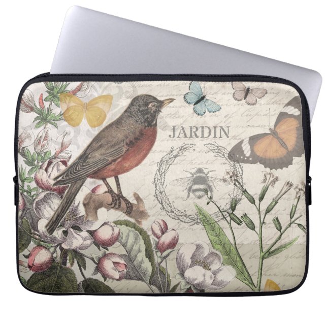 Robin Elegant Vogelvlinder Franse kunst Laptop Sleeve (Voorkant)