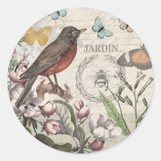 Robin Elegant Vogelvlinder Franse kunst Ronde Sticker (Voorkant)