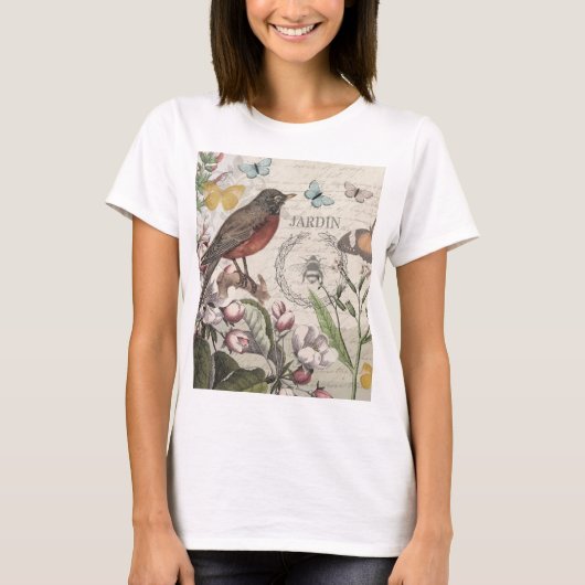 Robin Elegant Vogelvlinder Franse kunst T-shirt (Voorkant)