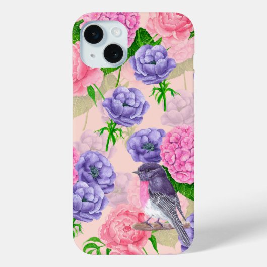 Robin en bloemen, patroon van de waterverf Case-Mate iPhone case (Achterkant)