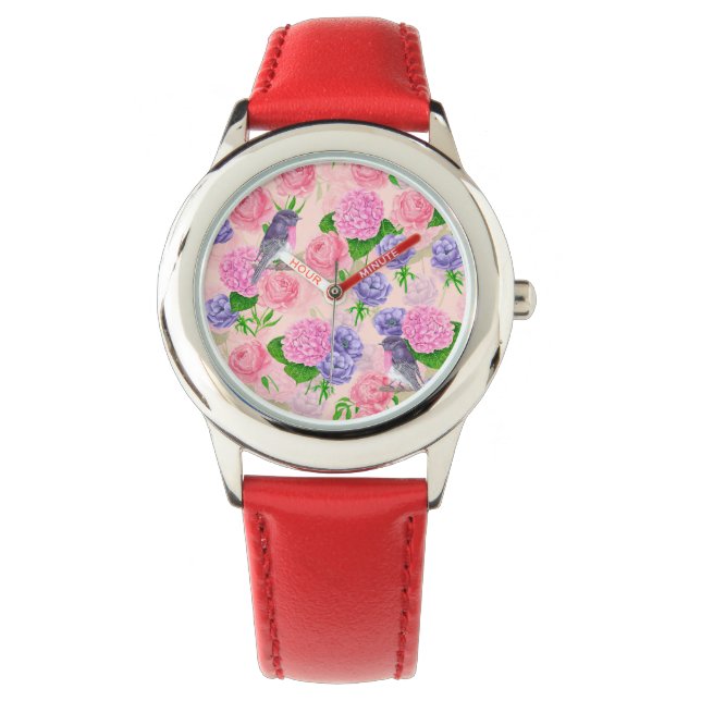 Robin en bloemen, patroon van de waterverf horloge (Voorkant)
