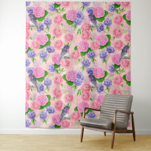 Robin en bloemen, patroon van de waterverf wandkleed