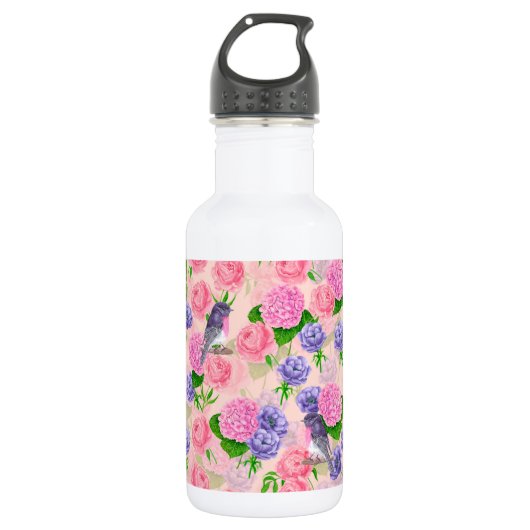 Robin en bloemen, patroon van de waterverf waterfles  (Voorkant)