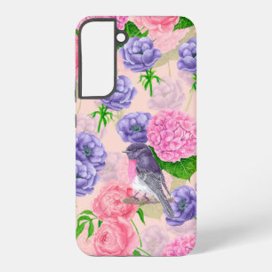 Robin en bloemen, watercolorpatroon samsung galaxy hoesje
